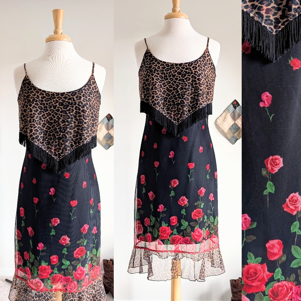 Y2K Leopard Floral Sheer Mesh Printed Slip Dress